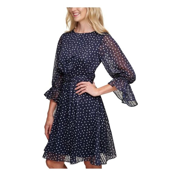 DKNY Womens Navy Ruffled Cinched Waist Polka Dot Balloon Fit + Flare Dress 14 - Picture 3 of 5